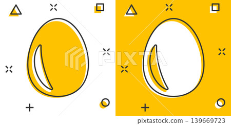 Egg icon in comic style. Breakfast cartoon vector illustration on white isolated background. Eggshell splash effect business concept. Egg icon in comic style. Breakfast cartoon vector illustration on white isolated background. Eggshell splash effect business concept. 139669723
