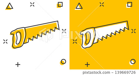 Saw blade icon in comic style. Working tools cartoon vector illustration on white isolated background. Hammer splash effect business concept. Saw blade icon in comic style. Working tools cartoon vector illustration on white isolated background. Hammer splash effect business concept. 139669726