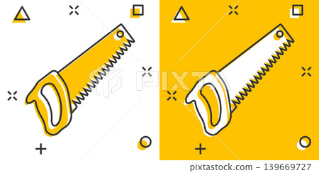 Saw blade icon in comic style. Working tools cartoon vector illustration on white isolated background. Hammer splash effect business concept. Saw blade icon in comic style. Working tools cartoon vector illustration on white isolated background. Hammer splash effect business concept. 139669727