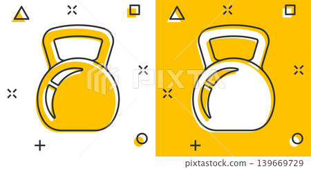 Kettlebell icon in comic style. Barbell sport equipment cartoon vector illustration on white isolated background. Dumbbell splash effect business concept. 139669729