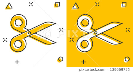 Scissor icon in comic style. Cut equipment cartoon vector illustration on white isolated background. Cutter splash effect business concept. Scissor icon in comic style. Cut equipment cartoon vector illustration on white isolated background. Cutter splash effect business concept. 139669735