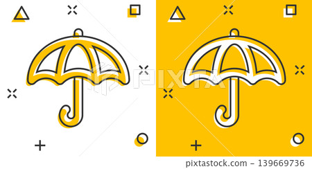 Umbrella icon in comic style. Parasol cartoon vector illustration on white isolated background. Canopy splash effect business concept. 139669736
