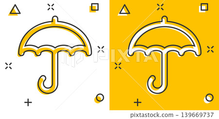 Umbrella icon in comic style. Parasol cartoon vector illustration on white isolated background. Canopy splash effect business concept. 139669737