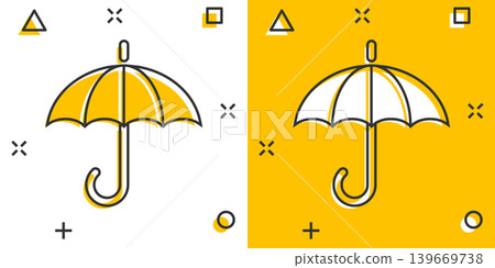 Umbrella icon in comic style. Parasol cartoon vector illustration on white isolated background. Canopy splash effect business concept. 139669738