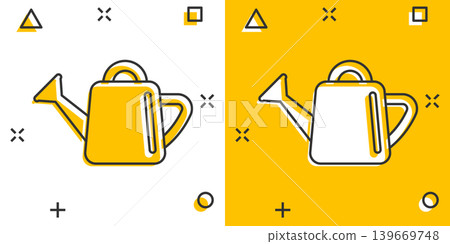 Water can icon in comic style. Irrigation garden cartoon vector illustration on white isolated background. Watering splash effect business concept. Water can icon in comic style. Irrigation garden cartoon vector illustration on white isolated background. Watering splash effect business concept. 139669748