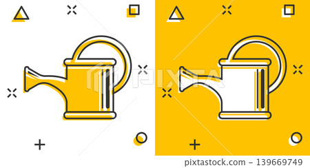 Water can icon in comic style. Irrigation garden cartoon vector illustration on white isolated background. Watering splash effect business concept. Water can icon in comic style. Irrigation garden cartoon vector illustration on white isolated background. Watering splash effect business concept. 139669749