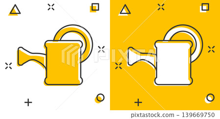 Water can icon in comic style. Irrigation garden cartoon vector illustration on white isolated background. Watering splash effect business concept. Water can icon in comic style. Irrigation garden cartoon vector illustration on white isolated background. Watering splash effect business concept. 139669750