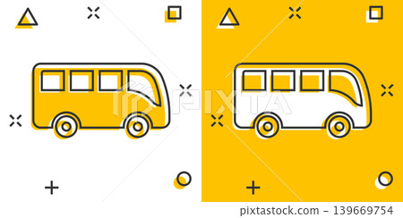 Bus icon in comic style. Coach cartoon vector illustration on white isolated background. Autobus vehicle splash effect business concept. Bus icon in comic style. Coach cartoon vector illustration on white isolated background. Autobus vehicle splash effect business concept. 139669754