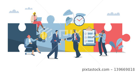 Symbol of teamwork, Effective teamwork, Business people work together to complete jigsaw puzzle in harmony. Working on schedule, career development concept, Vector design illustration. Symbol of teamwork, Effective teamwork, Business people work together to complete jigsaw puzzle in harmony. Working on schedule, career development concept, Vector design illustration. 139669818