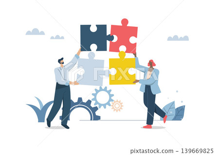 Effective teamwork, Problem solving, or ways to improve, career development concept, Symbol of teamwork, Business people work together to complete jigsaw puzzle in harmony. Vector design illustration. Effective teamwork, Problem solving, or ways to improve, career development concept, Symbol of teamwork, Business people work together to complete jigsaw puzzle in harmony. Vector design illustration. 139669825