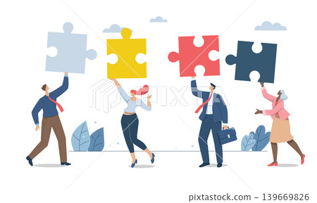 Business people work together to complete jigsaw puzzle in harmony. Effective teamwork, Problem solving, or ways to improve, career development concept, Symbol of teamwork, Vector design illustration. Business people work together to complete jigsaw puzzle in harmony. Effective teamwork, Problem solving, or ways to improve, career development concept, Symbol of teamwork, Vector design illustration. 139669826