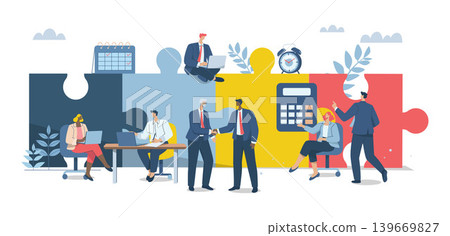 Effective teamwork, Problem solving, or ways to improve, career development concept, Symbol of teamwork, Business people work together to complete jigsaw puzzle in harmony. Vector design illustration. Effective teamwork, Problem solving, or ways to improve, career development concept, Symbol of teamwork, Business people work together to complete jigsaw puzzle in harmony. Vector design illustration. 139669827