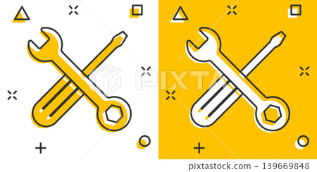 Wrench and screwdriver icon in comic style. Spanner key cartoon vector illustration on white isolated background. Repair equipment splash effect business concept. Wrench and screwdriver icon in comic style. Spanner key cartoon vector illustration on white isolated background. Repair equipment splash effect business concept. 139669848