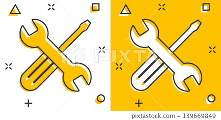 Wrench and screwdriver icon in comic style. Spanner key cartoon vector illustration on white isolated background. Repair equipment splash effect business concept. 139669849
