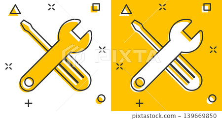 Wrench and screwdriver icon in comic style. Spanner key cartoon vector illustration on white isolated background. Repair equipment splash effect business concept. 139669850