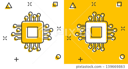 Computer cpu icon in comic style. Circuit board cartoon vector illustration on white isolated background. Motherboard chip splash effect business concept. Computer cpu icon in comic style. Circuit board cartoon vector illustration on white isolated background. Motherboard chip splash effect business concept. 139669863