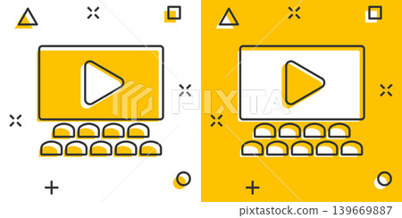 Film icon in comic style. Movie cartoon vector illustration on white isolated background. Cinema theater splash effect business concept. Film icon in comic style. Movie cartoon vector illustration on white isolated background. Cinema theater splash effect business concept. 139669887