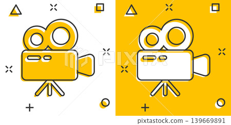 Projector icon in comic style. Cinema camera cartoon vector illustration on white isolated background. Movie splash effect business concept. Projector icon in comic style. Cinema camera cartoon vector illustration on white isolated background. Movie splash effect business concept. 139669891