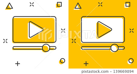 Film icon in comic style. Movie cartoon vector illustration on white isolated background. Play video splash effect business concept. 139669894