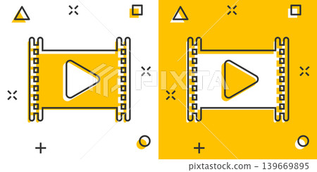 Film icon in comic style. Movie cartoon vector illustration on white isolated background. Play video splash effect business concept. 139669895