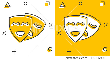 Theater mask icon in comic style. Comedy and tragedy cartoon vector illustration on white isolated background. Smile face splash effect business concept. Theater mask icon in comic style. Comedy and tragedy cartoon vector illustration on white isolated background. Smile face splash effect business concept. 139669900