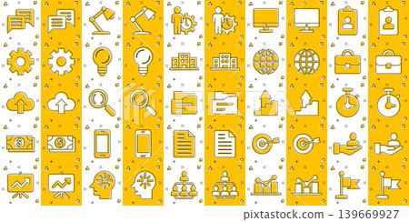 Business icons set in comic style. Finance strategy cartoon vector illustration on white isolated background. Marketing splash effect business concept. Business icons set in comic style. Finance strategy cartoon vector illustration on white isolated background. Marketing splash effect business concept. 139669927