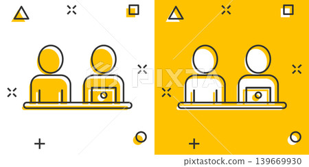 People with laptop computer icon in comic style. Pc user cartoon vector illustration on white isolated background. Office manager splash effect business concept. 139669930