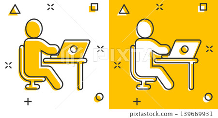 People with laptop computer icon in comic style. Pc user cartoon vector illustration on white isolated background. Office manager splash effect business concept. 139669931