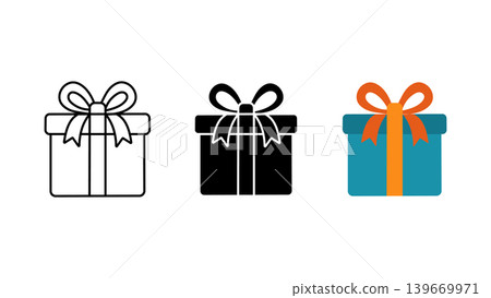 Gift box icon set present with ribbon outline solid and color vector illustration Gift box icon set present with ribbon outline solid and color vector illustration 139669971