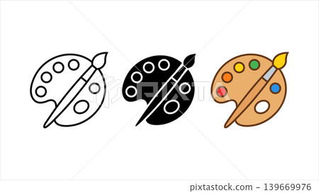 Artist palette and paint brush icon set outline solid and color vector for art and design Artist palette and paint brush icon set outline solid and color vector for art and design 139669976