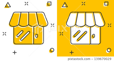 Mall icon in comic style. Store cartoon vector illustration on white isolated background. Shop splash effect business concept. 139670029