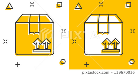 Shipping box icon in comic style. Container cartoon vector illustration on white isolated background. Cardboard package splash effect business concept. Shipping box icon in comic style. Container cartoon vector illustration on white isolated background. Cardboard package splash effect business concept. 139670036