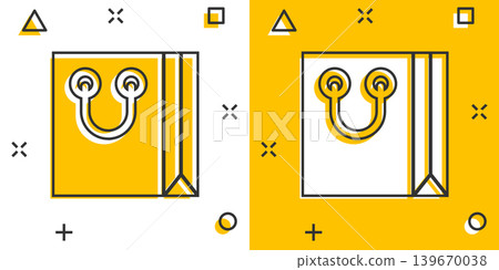 Shopping bag icon in comic style. Handbag cartoon sign vector illustration on white isolated background. Package splash effect business concept. Shopping bag icon in comic style. Handbag cartoon sign vector illustration on white isolated background. Package splash effect business concept. 139670038
