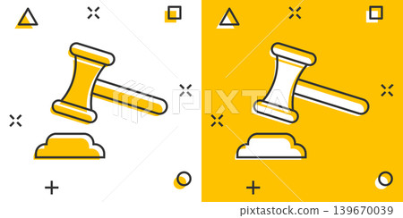 Auction hammer icon in comic style. Court sign cartoon vector illustration on white isolated background. Tribunal splash effect business concept. Auction hammer icon in comic style. Court sign cartoon vector illustration on white isolated background. Tribunal splash effect business concept. 139670039