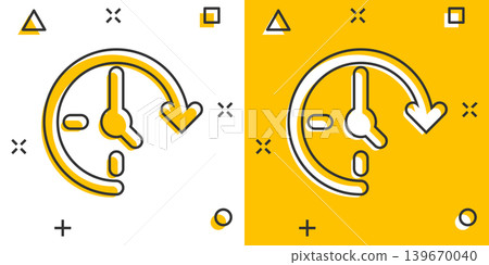 Clock icon in comic style. Watch cartoon vector illustration on white isolated background. Timer splash effect business concept. Clock icon in comic style. Watch cartoon vector illustration on white isolated background. Timer splash effect business concept. 139670040