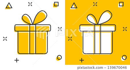 Gift box icon in comic style. Present package cartoon vector illustration on white isolated background. Surprise splash effect business concept. Gift box icon in comic style. Present package cartoon vector illustration on white isolated background. Surprise splash effect business concept. 139670046