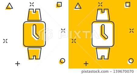 Wrist watch icon in comic style. Hand clock cartoon vector illustration on white isolated background. Time bracelet splash effect business concept. Wrist watch icon in comic style. Hand clock cartoon vector illustration on white isolated background. Time bracelet splash effect business concept. 139670070