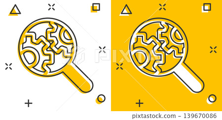 Loupe with gear icon in comic style. Magnifying glass cartoon vector illustration on white isolated background. Seo exploration splash effect business concept. Loupe with gear icon in comic style. Magnifying glass cartoon vector illustration on white isolated background. Seo exploration splash effect business concept. 139670086