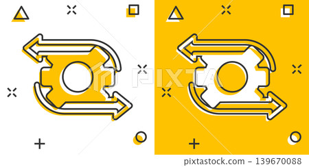 Workflow icon in comic style. Gear effective cartoon vector illustration on white isolated background. Process organization splash effect business concept. Workflow icon in comic style. Gear effective cartoon vector illustration on white isolated background. Process organization splash effect business concept. 139670088