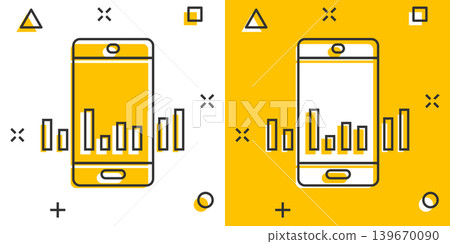 Phone diagram icon in comic style. Smartphone growth statistic cartoon vector illustration on white isolated background. Gadget analytics splash effect business concept. Phone diagram icon in comic style. Smartphone growth statistic cartoon vector illustration on white isolated background. Gadget analytics splash effect business concept. 139670090