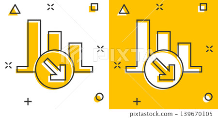 Market trend icon in comic style. Decline arrow with magnifier cartoon vector illustration on white isolated background. Decrease splash effect business concept. 139670105
