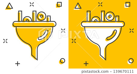 Filter icon in comic style. Funnel cartoon vector illustration on white isolated background. Chemical cone splash effect business concept. Filter icon in comic style. Funnel cartoon vector illustration on white isolated background. Chemical cone splash effect business concept. 139670111