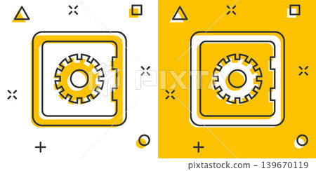 Safe money icon in comic style. Strongbox cartoon vector illustration on white isolated background. Finance security splash effect business concept. 139670119