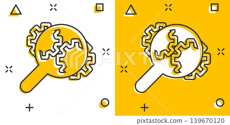 Loupe with gear icon in comic style. Magnifying glass cartoon vector illustration on white isolated background. Seo exploration splash effect business concept. Loupe with gear icon in comic style. Magnifying glass cartoon vector illustration on white isolated background. Seo exploration splash effect business concept. 139670120