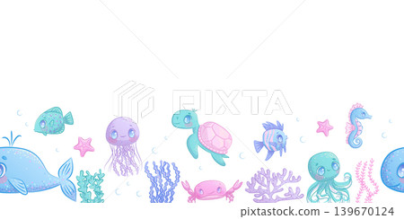 Seamless border with cute cartoon sea animals. Whale, jellyfish, octopus, fish, seahorse, crab, star. Children's vector illustration for the design of posters, postcards, banners Seamless border with cute cartoon sea animals. Whale, jellyfish, octopus, fish, seahorse, crab, star. Children's vector illustration for the design of posters, postcards, banners 139670124