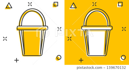 Bucket icon in comic style. Garbage pot cartoon vector illustration on white isolated background. Pail splash effect business concept. 139670132