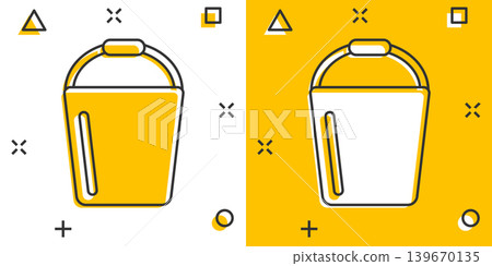 Bucket icon in comic style. Garbage pot cartoon vector illustration on white isolated background. Pail splash effect business concept. Bucket icon in comic style. Garbage pot cartoon vector illustration on white isolated background. Pail splash effect business concept. 139670135