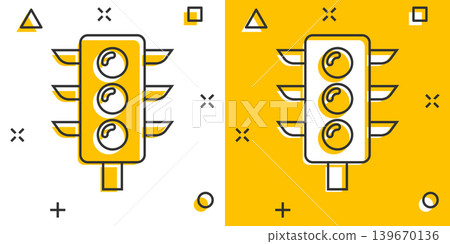 Semaphore icon in comic style. Traffic light cartoon vector illustration on white isolated background. Crossroads splash effect business concept. Semaphore icon in comic style. Traffic light cartoon vector illustration on white isolated background. Crossroads splash effect business concept. 139670136