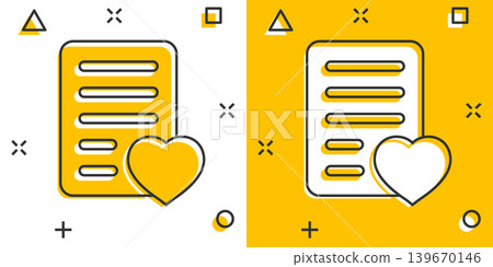 Wishlist icon in comic style. Like document cartoon vector illustration on white isolated background. Favorite list splash effect business concept. Wishlist icon in comic style. Like document cartoon vector illustration on white isolated background. Favorite list splash effect business concept. 139670146