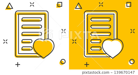 Wishlist icon in comic style. Like document cartoon vector illustration on white isolated background. Favorite list splash effect business concept. Wishlist icon in comic style. Like document cartoon vector illustration on white isolated background. Favorite list splash effect business concept. 139670147